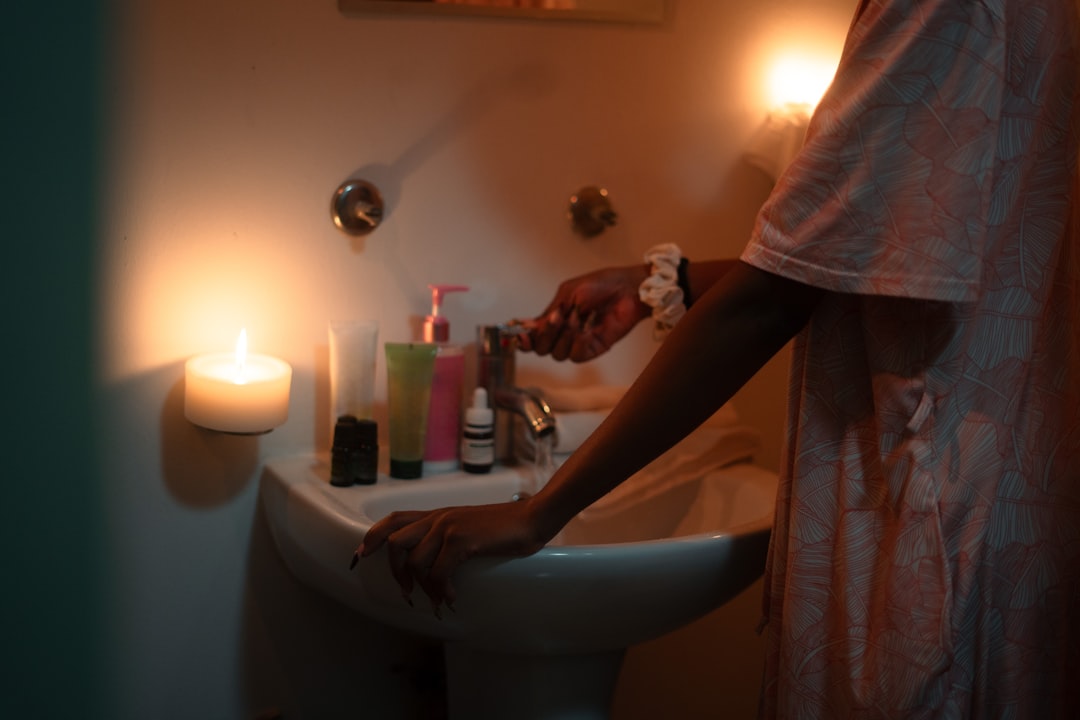 A serene setting with personal care products like skincare, haircare, and wellness items arranged aesthetically.