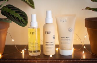 A serene flat lay of skincare products, including moisturizers, serums, and natural ingredients, arranged aesthetically on a light background.